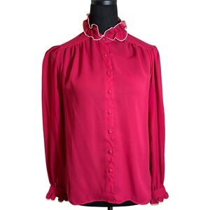 Schrader Sport Ruffle Collar Blouse Vintage Secretary Top Red‎ Size 10